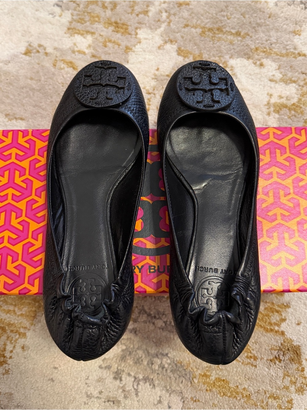 Tory Burch Black Leather Logo Ballet Flats